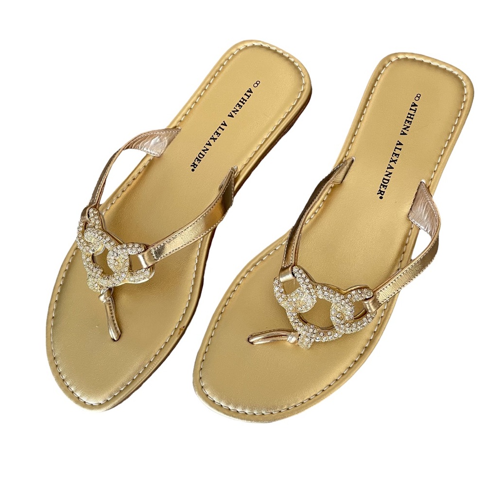 Athena Alexander Gold Sandals with sparkle rhinestone decoration in front.